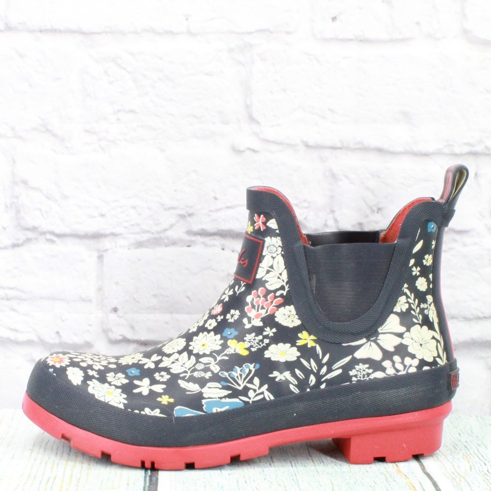 Joules Navy Floral Chelsea Rain Boots with Red Soles